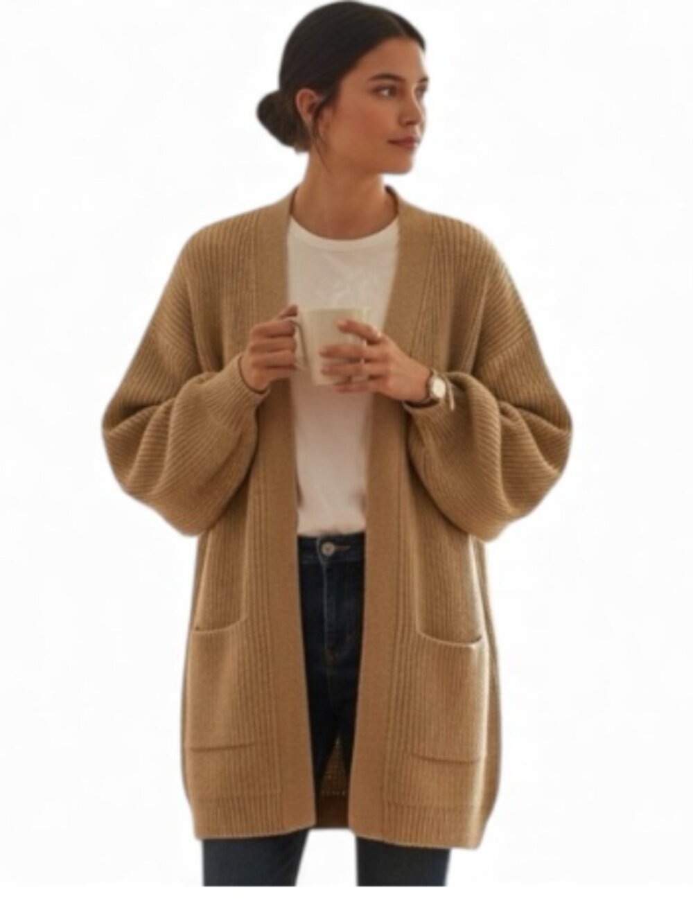 Aritzia Wilfred Free Unwind Merino Wool Cardigan Sweater Tan Camel Medium M - Picture 4 of 5